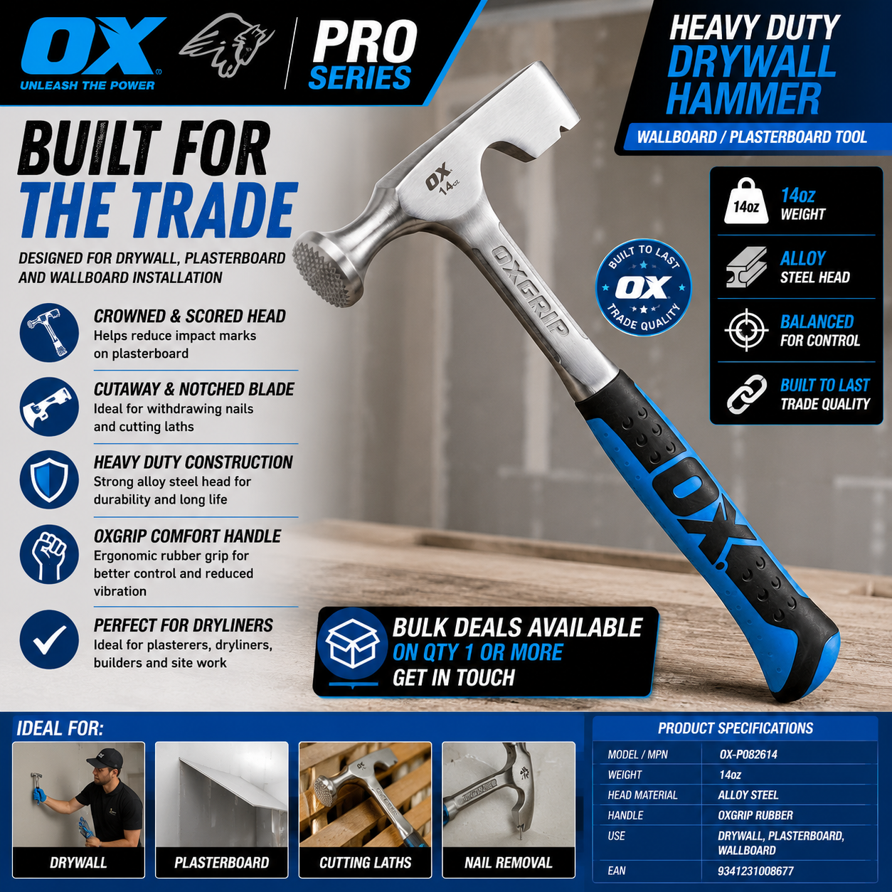 OX Tools OX-P082614 14oz Pro Dry Wall Hammer 400g - Image 2