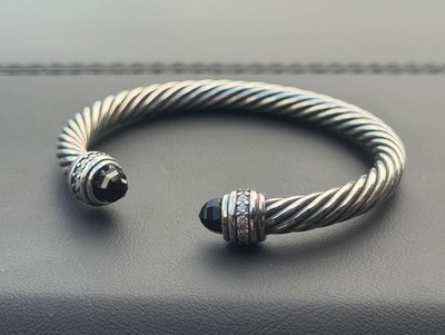 David &Yurman Classic Cable Bracelet 7mm Sterling Silver Pavé Black Onyx Sz Med