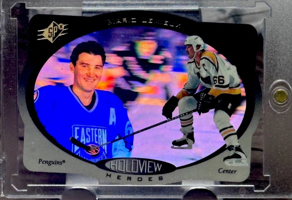 Lámina para tarjetas de inversión refractor troquelada Mario Lemieux RARE HOLO - PINGÜINOS COMO NUEVA Foto 3 de 4