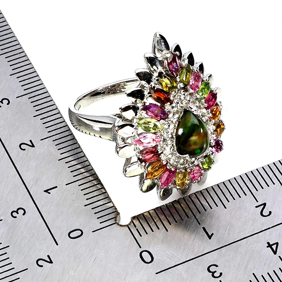 925 Sterling Silver Ring Pear Black Opal Tourmaline Topaz Gemstone Jewelry Sz 7 - Image 3 of 4