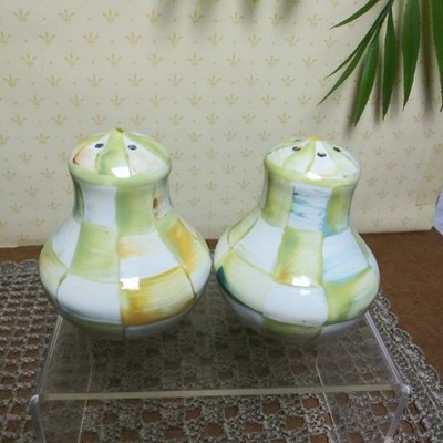 Retired MacKenzie-Childs Parchment Royal Check Enamel Salt & Pepper Shakers