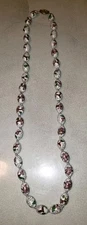 Vtg Asian Cloisonne 5/8" White Floral Hand Beaded 25.5" Necklace Silver Cat Clsp
