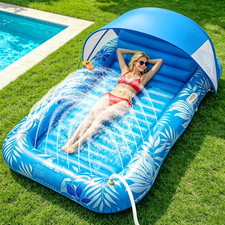 Inflatable Tanning Pool Lounger Float with Sprinkler UV Protection Canopy, 77"