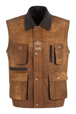 Herren Lederweste Vintage hellbraun Buff Freizeitkleidung Weste mehrere Taschen Weste