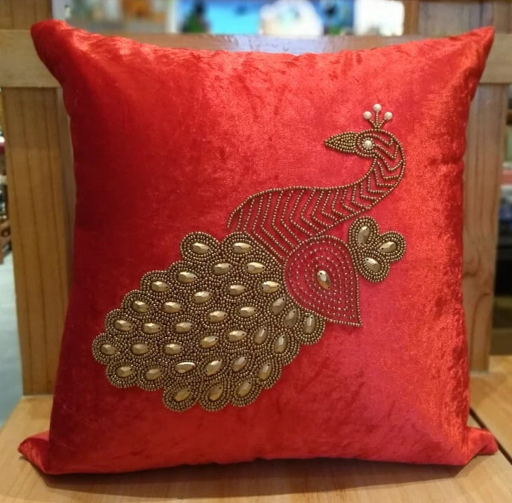 16x16 Red Velvet Peacock Embroidered Pillow Cover Couch Sofa Throw