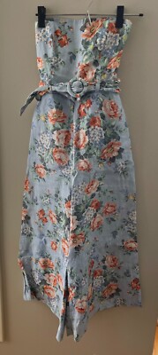 ZIMMERMANN BOWIE BLUE FLORAL LINEN JUMPSUIT STRAPLESS w BELT SZ 0