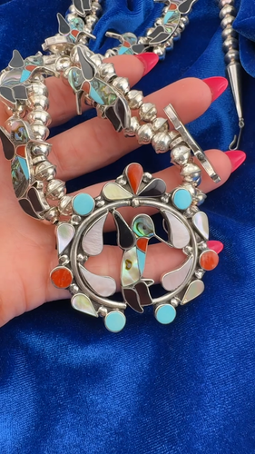 Magnificent Silver Zuni Hummingbird Multi-Gemstone Squash Blossom Style Necklace - Video 1 of 1