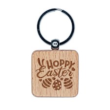 Happy Hoppy Easter Eggs with Bunny Ears Engraved Wood Square Keychain Tag Charm