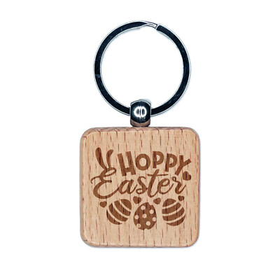 Happy Hoppy Easter Eggs with Bunny Ears Engraved Wood Square Keychain Tag Charm