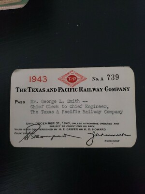 Vintage Rare 1943 Texas & Pacific Railroad Railway Pass Ticket