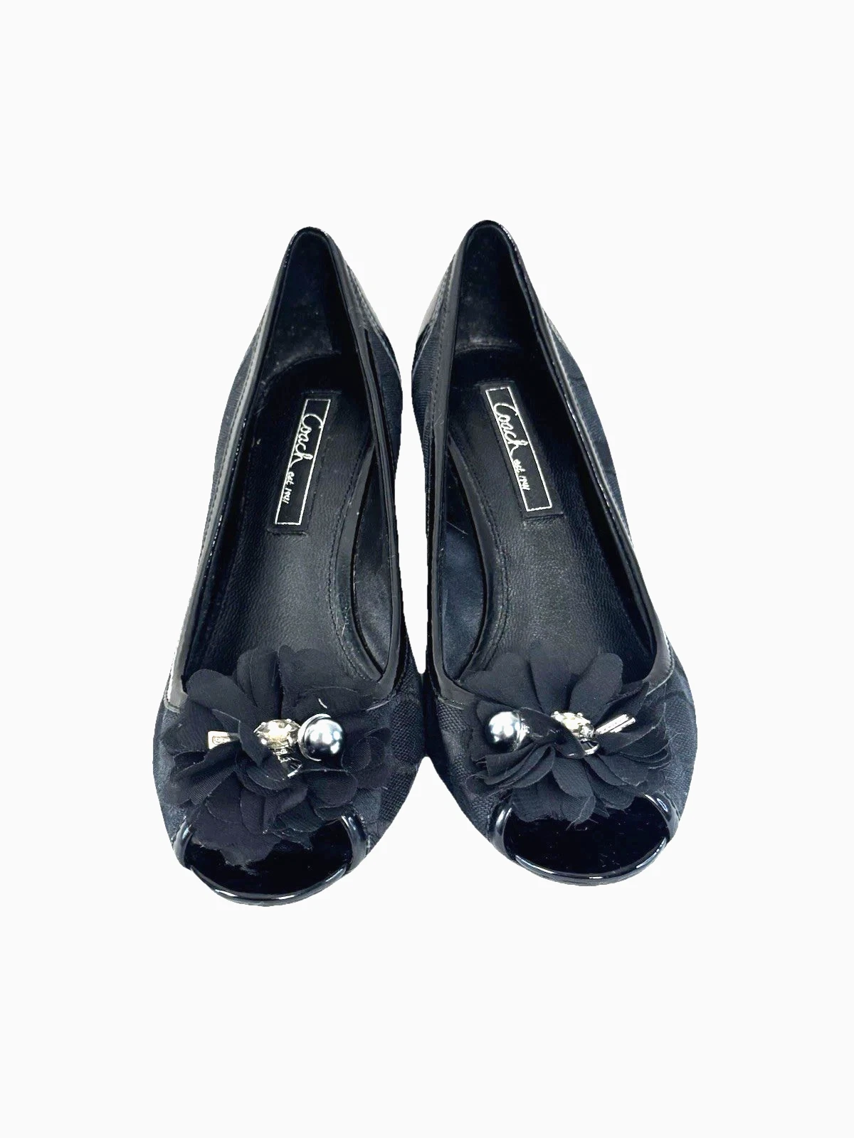 Coach Vintage Tamalia Zeppa 8 5 Peep Toe Nero Tela Logo Chic Ciondoli Floreali Y2k