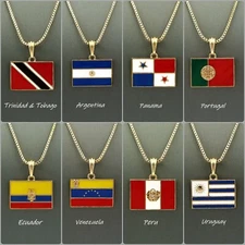 World Nation Flag, Country Flag Pendant 2mm 18",20"24" Box Chain Necklace