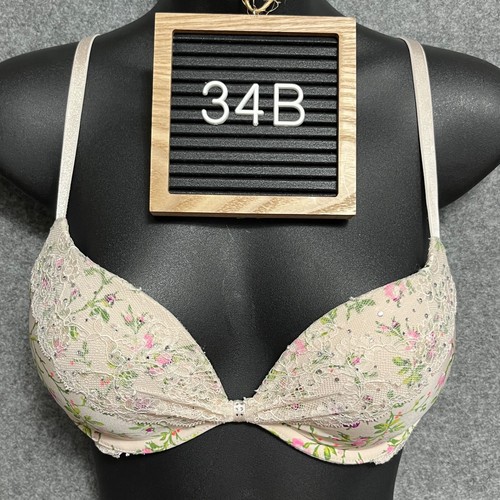 Victoria's Secret gepolsterter halbhoher Push-up-BH Blumenmuster 34B Landhaus weiß Strass