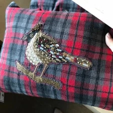 Pottery Barn Jeweled Bird Plaid Lumbar Pillow Cover Red 12x16 Christmas Beaded