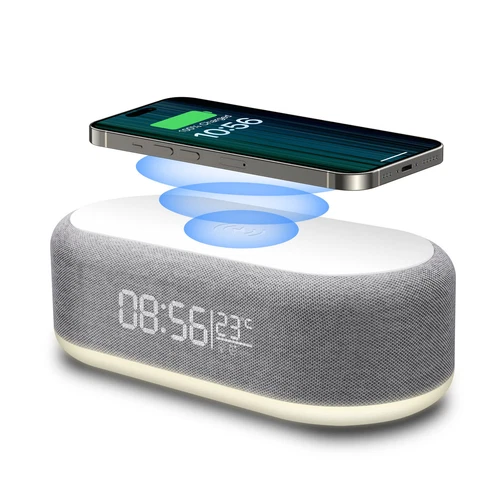 Digital Alarm Clock 15W Phone Wireless Charger Thermometer Date LED Night Light