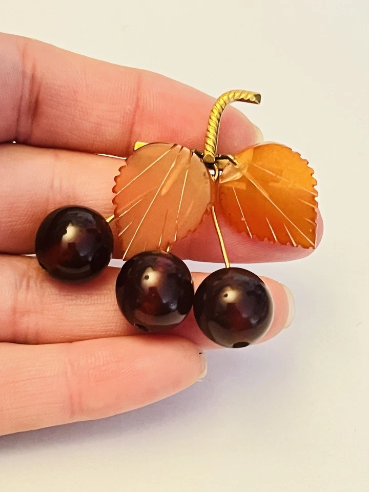 PIN BROCHE CEREZA ÁMBAR BÁLTICO NATURAL Genuino De Colección Oro 22k 8gm Figura Dinamarca Foto 2 de 4