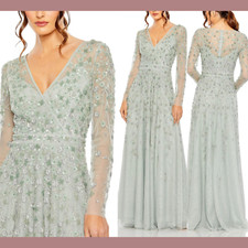 NEW $798 Mac Duggal [ 8 ] Embellished Illusion Long Sleeve Gown 9131 Sage #J125