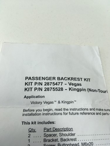 Nuevo de lote antiguo fabricante de equipos originales Victory Vegas Highball Gunner respaldo para pasajeros P/N 2875477 NUEVO - Imagen 7 de 8