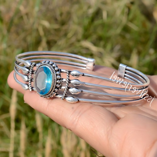 London Blue Topaz Gemstone 925 Sterling Silver Cuff Bangle Unisex Jewelry Gift - Picture 3 of 6