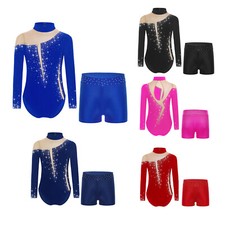 Kids Girls Gymnastics Leotards with Shorts 2Pcs Performance Jumpsuit Costume
