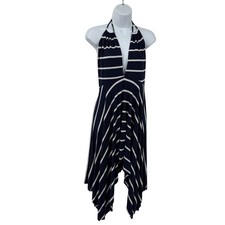 Elan Beach String Halter Dress medium Navy Blue Striped Asymmetrical Hem Midi