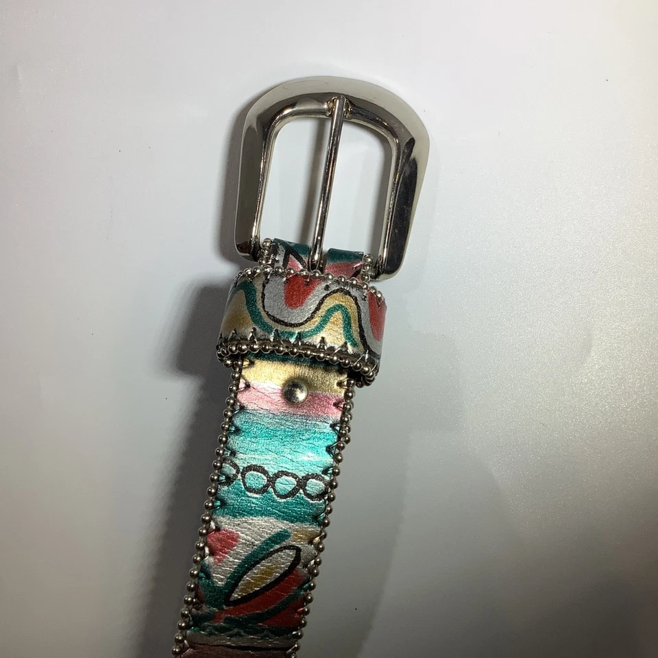 Cinturón Dakota LTD. Vintage Metálico Multicolor Abstracto Plata Hebilla Talla M/L Foto 4 de 4