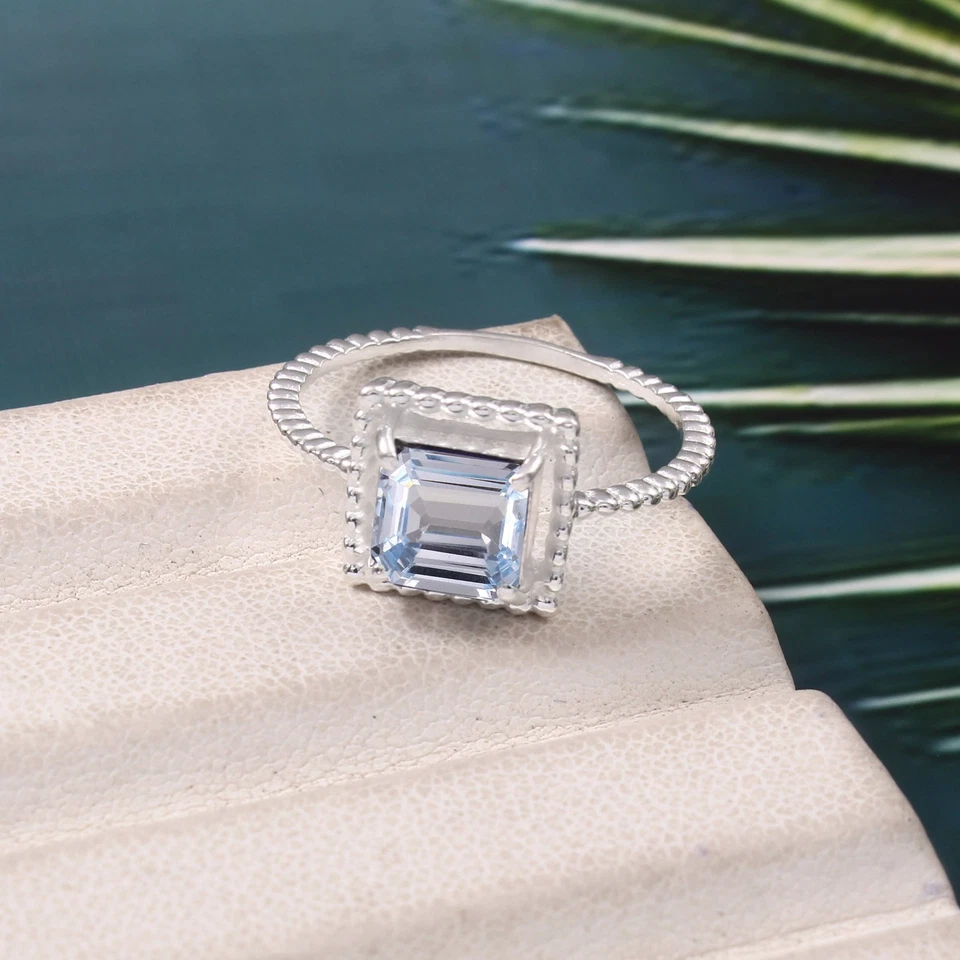 AAA Aquamarin Ring Asscher Cut Edelstein 7x7 MM Sterlingsilber Verlobungsring - Bild 1 von 4