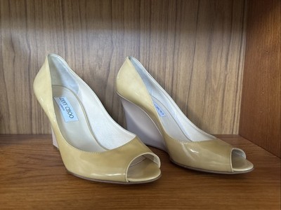 Jimmy Choo Peep Toe Patent Leather Wedge Heel Shoe Sz 39 US Beige Yellow  Italy