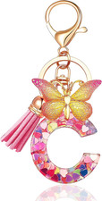 Initial letter Keychains for Women Tassel Butterfly Pink Purple Cute Car Keychai