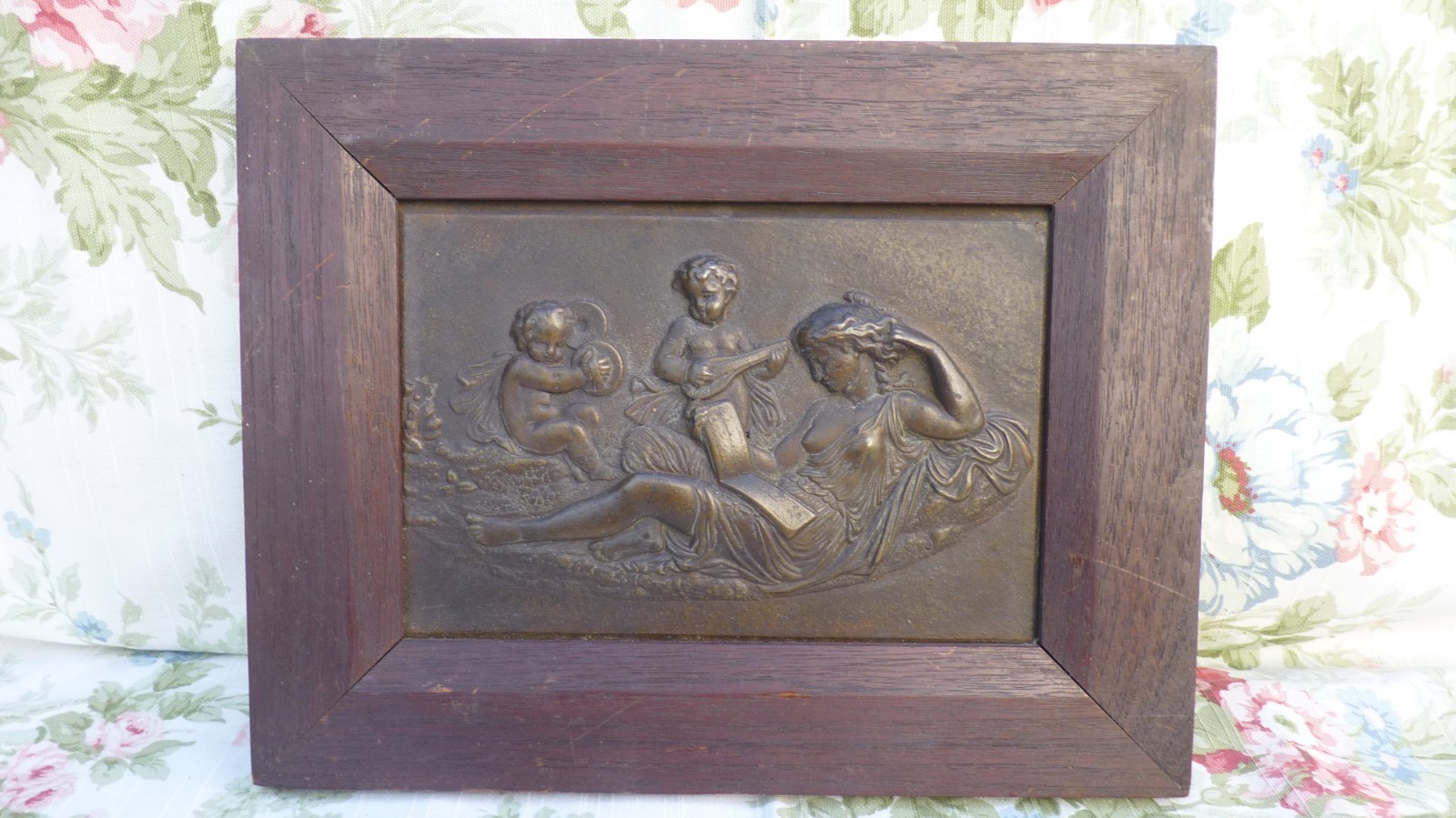 Antique 19th Century Woman and Putti Bronze Plate Low Relief Painting 23X16.5cm
