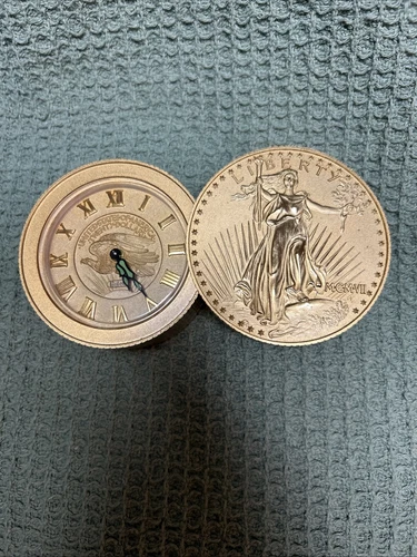 Liberty Gold Coin Bulova Mechanical Wind Up Alarm Desk Clock —Works—