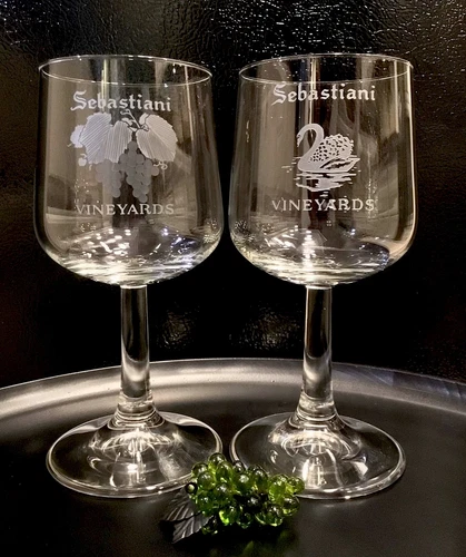 Vintage SEBASTIANI VINEYARDS Etched Crystal Grape ~ Swan Wine Glasses (2) MINT!