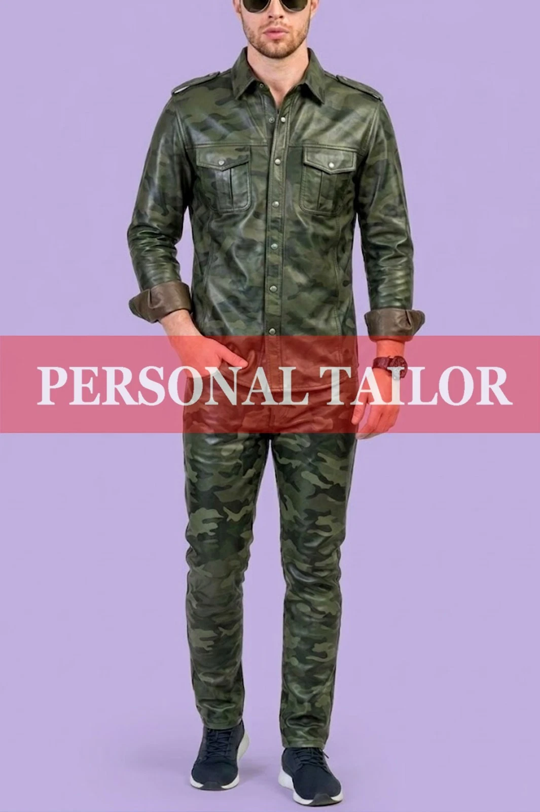 Men's Lambskin Military Green Camo Leather Jeans Pant Shirt Chest Pockets Style