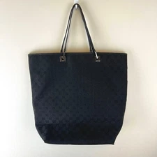 GUCCI GG Pattern Tote Shoulder Bag Leather Canvas Black Silver Hardware Japan