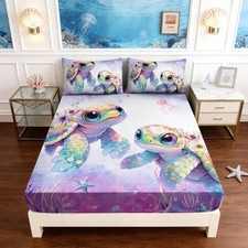 Twin Fitted Sheet Set Sea Turtle Bedding Set,Waterweed Jellyfish Starfish Pat...