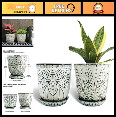6'' Beaded Ceramic Planter Set of 2 with Drainage Hole & Saucer for Indoor/Outdoo