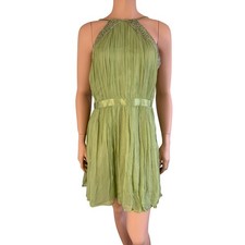 Vintage Y2K Silk Beaded Halter Neck Pleated Dress 14 Fairycore Green Whimsigoth