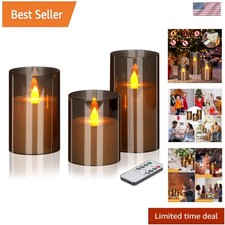 Set of 3 Gray Flameless Candles - Flickering LED with Remote  Timer Decor