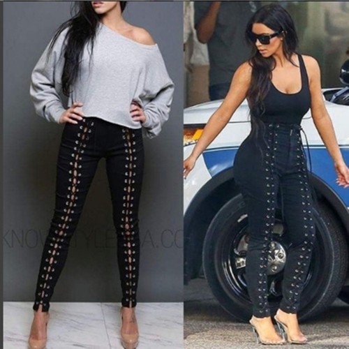 Sexy Pantaloni aperti Anelli aderenti Bottone Lacci Stringhe Lace-Up  Leggings S | eBay