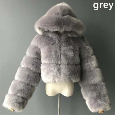 Women Furry Hooded Cropped Jacket Coat Faux Fur Top Long