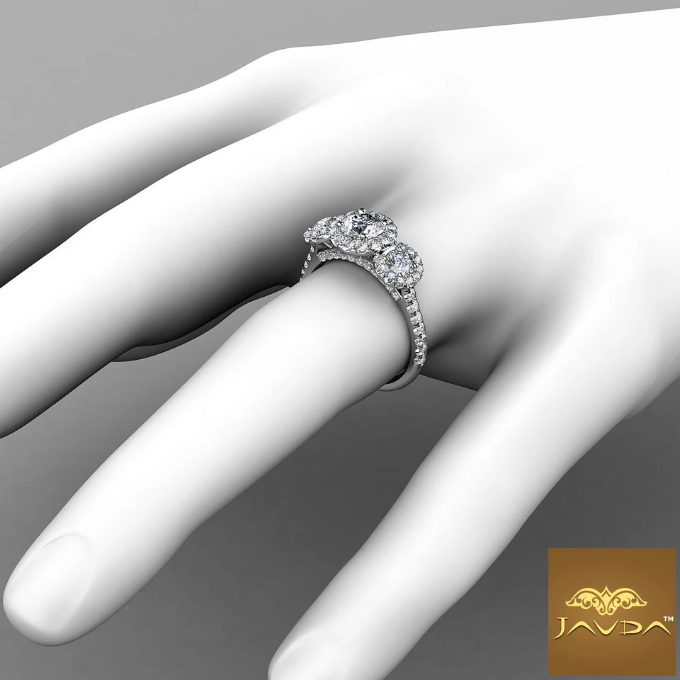 1.5 克拉天然圆形钻石 3 石订婚戒指 GIA E-VVS1 14k 白金 — 第 2/3 张图片