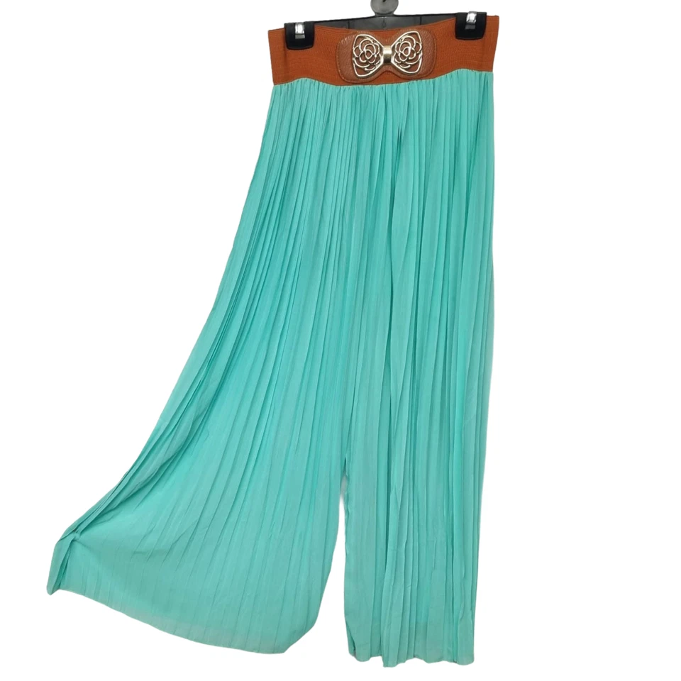 New Women Pleated Chiffon Summer Wide Leg Belted Trouser Pants Baggy Loose Style - Image 4 of 4