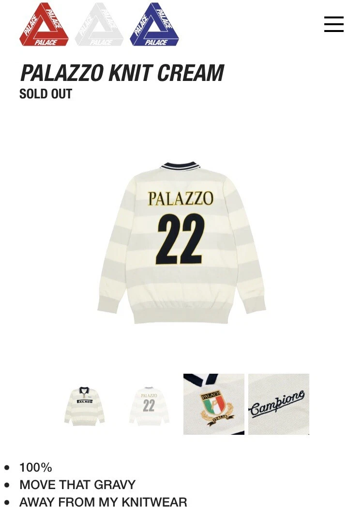 PALACE SKATEBOARDS PALAZZO KNIT CREAM SIZE XLARGE XL BNWT FREE SHIP SUMMER 2022