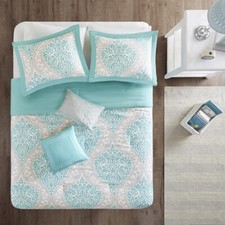 NEW  COZY CHIC GREY AQUA BLUE WHITE ELEGANT SCROLL SOFT COMFORTER SET  PILLOW