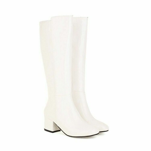 Womens Heels Shoes Round Toe Casual Block Heel Patent Leather Knee High Boots - Picture 15 of 15