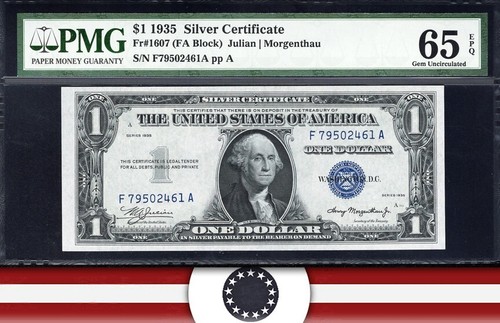 1935 $1 SILVER CERTIFICATE PLAIN F-A Block Fr 1607 PMG 65 EPQ 02461