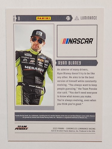2023 Chronicles NASCAR Racing Luminance #8 Ryan Blaney Blue Foil #054/199 - Picture 2 of 2