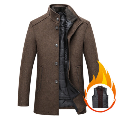Men's Loose Casual Trench Coat Wool Coats Warm Stand-up Collar