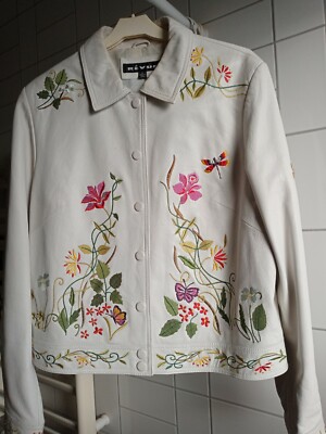 REVUE 100% LAMB LEATHER WHITE EMBROIDERED JACKET GR.40,UK12,US12
