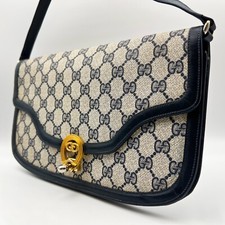 Vintage Gucci GG Supreme PVC Leather Shoulder Bag Purse Navy Blue Gold Authentic